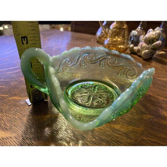 Antique 1906 EAPG Northwoods Green Opalescent Triangular Knappy Dish - Picture 8 of 8